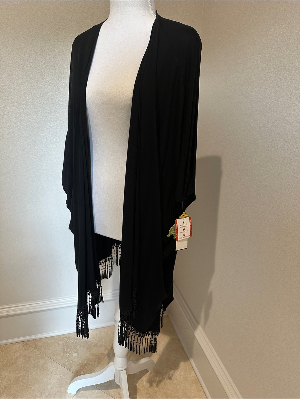 BECCA Black Open-Front Fringe Swim Coverup